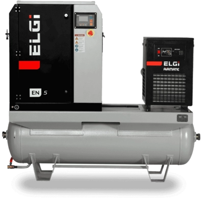 Compresor electric cu surub ELGI EN 7-7bar debit 1.13mc/min, uscator si rez.270L inclus, 7.5kW/400V